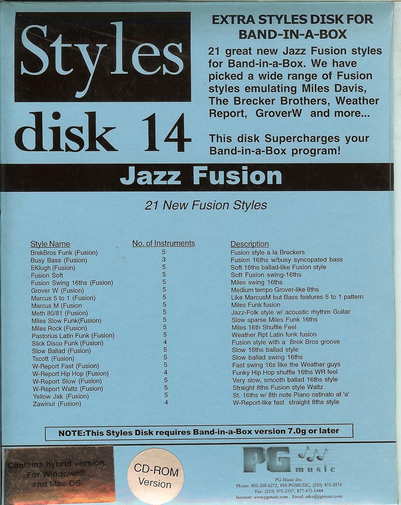 PG Music Band In A Box Style Disk 14 for Mac PC V7.0g or Newer