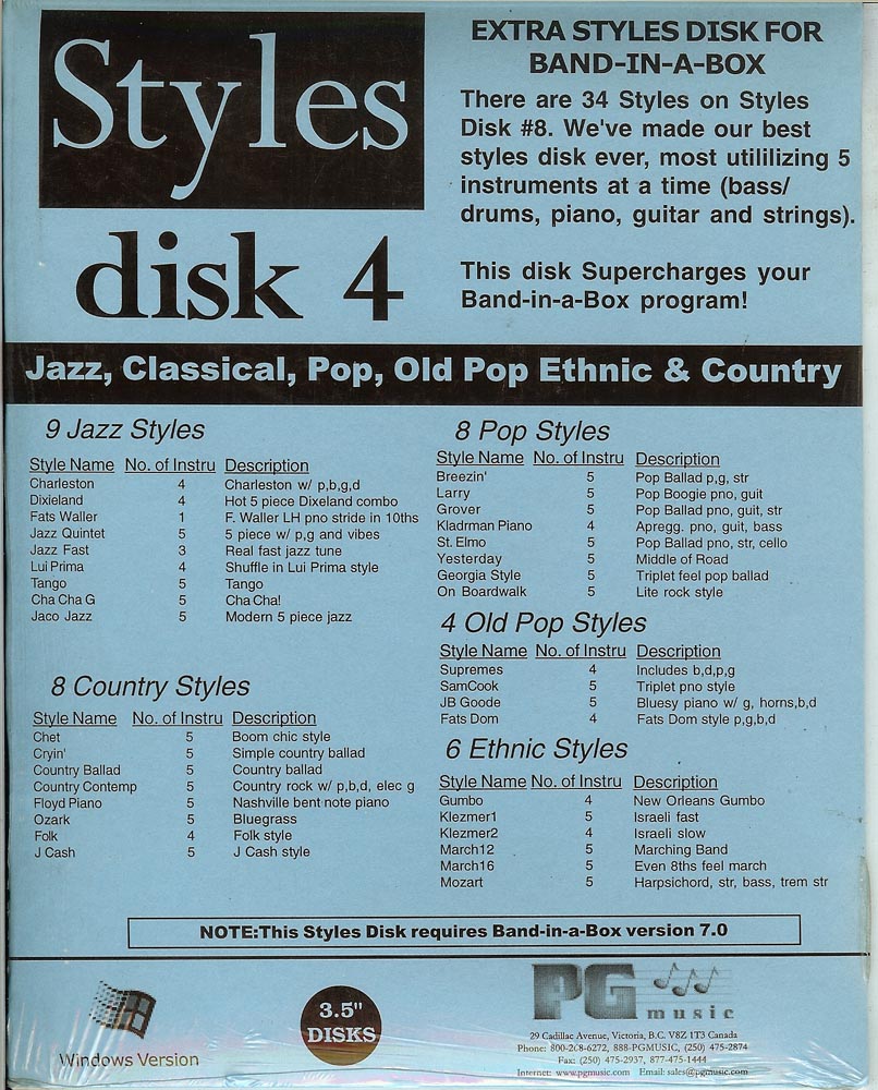 PG Music Band In A Box Style Disk 4 for V7.0 PC or Newer