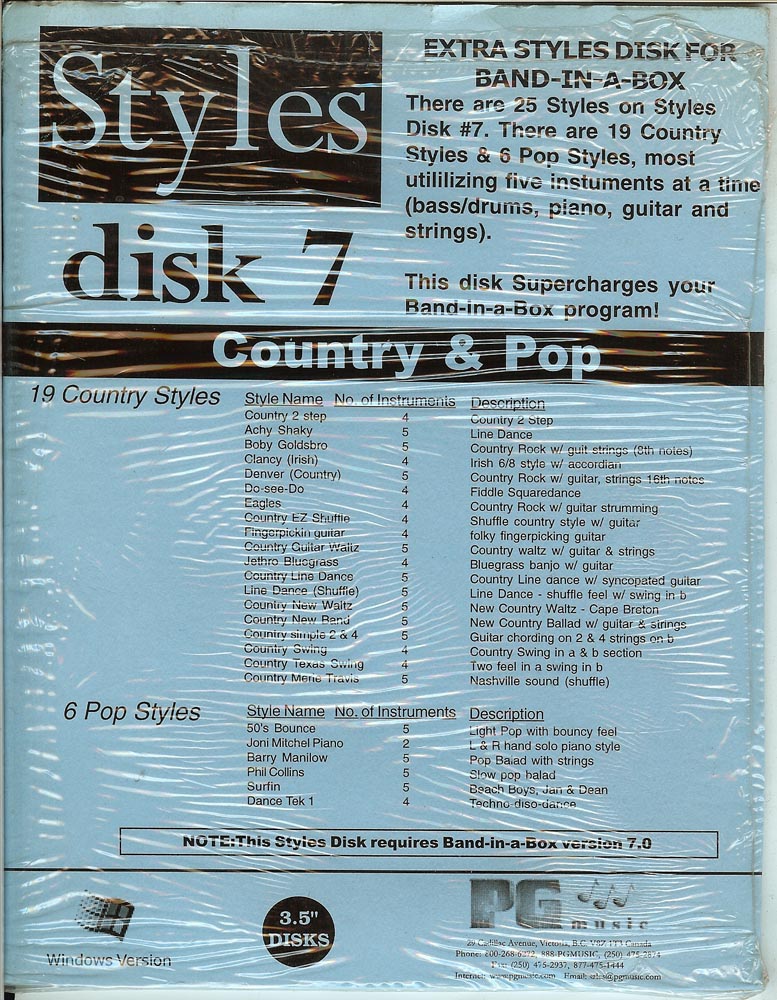 PGMusic Band In A Box Style Disk 7 for V7.0 PC or Newer